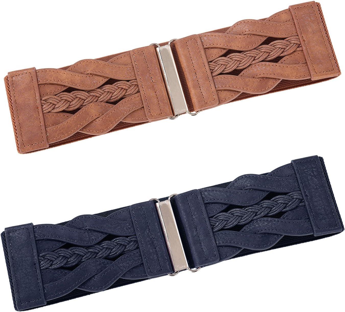 imageGRACE KARIN Womens Elastic Wide Belts Vintage Stretchy Belt Retro Fashion Cinch Belts for DressesBrown Navy Blue