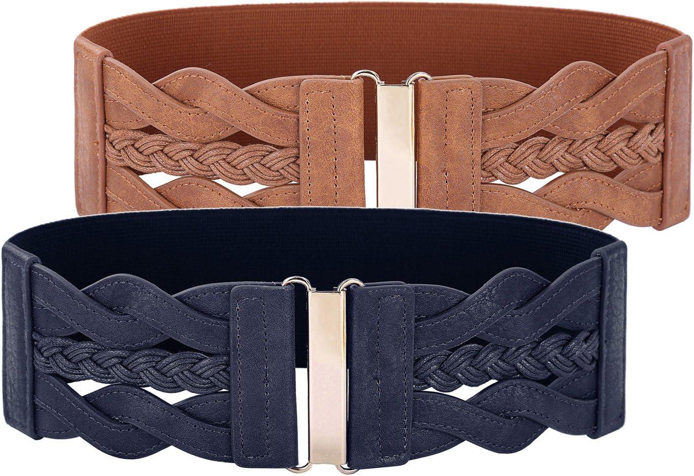 imageGRACE KARIN Womens Elastic Wide Belts Vintage Stretchy Belt Retro Fashion Cinch Belts for DressesBrown Navy Blue