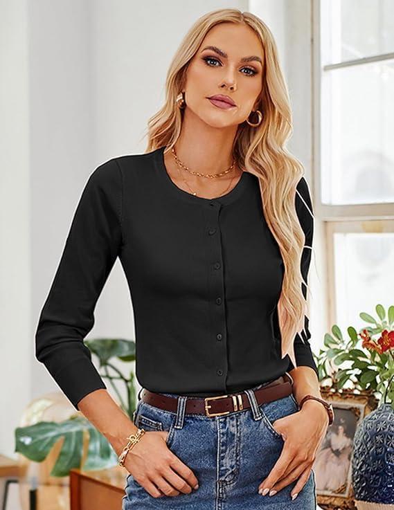 imageGRACE KARIN Womens Long Sleeve Button Down Crew Neck Classic Sweater Knit CardiganBlack