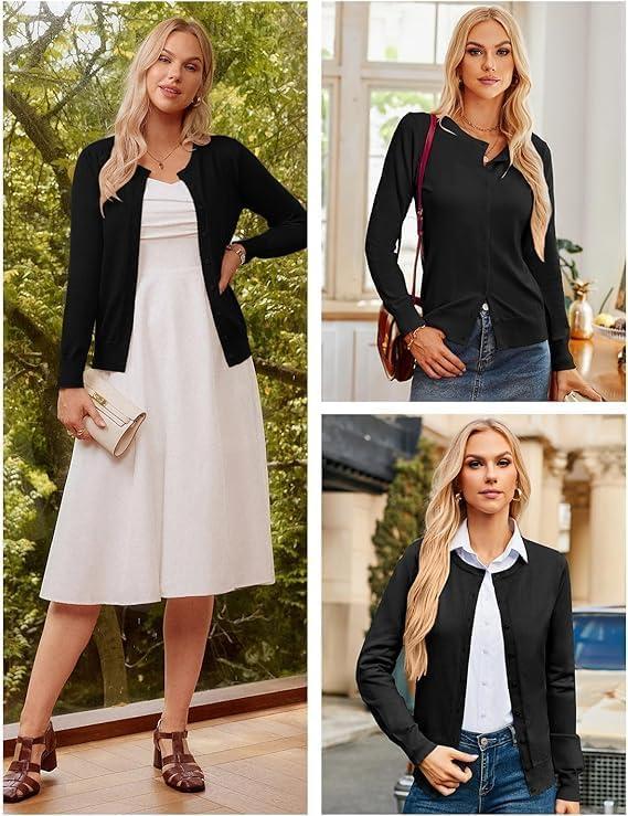 imageGRACE KARIN Womens Long Sleeve Button Down Crew Neck Classic Sweater Knit CardiganBlack