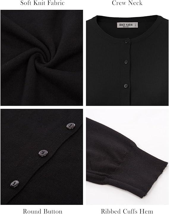 imageGRACE KARIN Womens Long Sleeve Button Down Crew Neck Classic Sweater Knit CardiganBlack