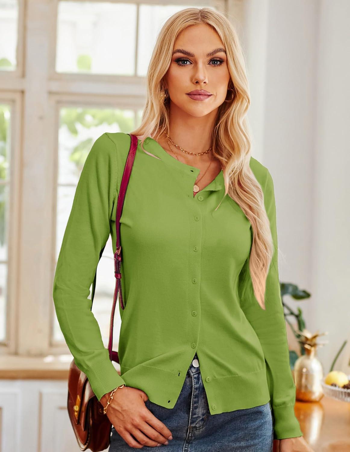 imageGRACE KARIN Womens Long Sleeve Button Down Crew Neck Classic Sweater Knit CardiganGrass Green