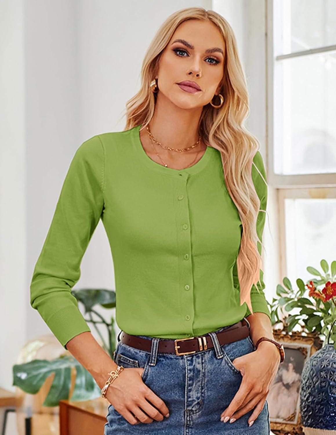 imageGRACE KARIN Womens Long Sleeve Button Down Crew Neck Classic Sweater Knit CardiganGrass Green