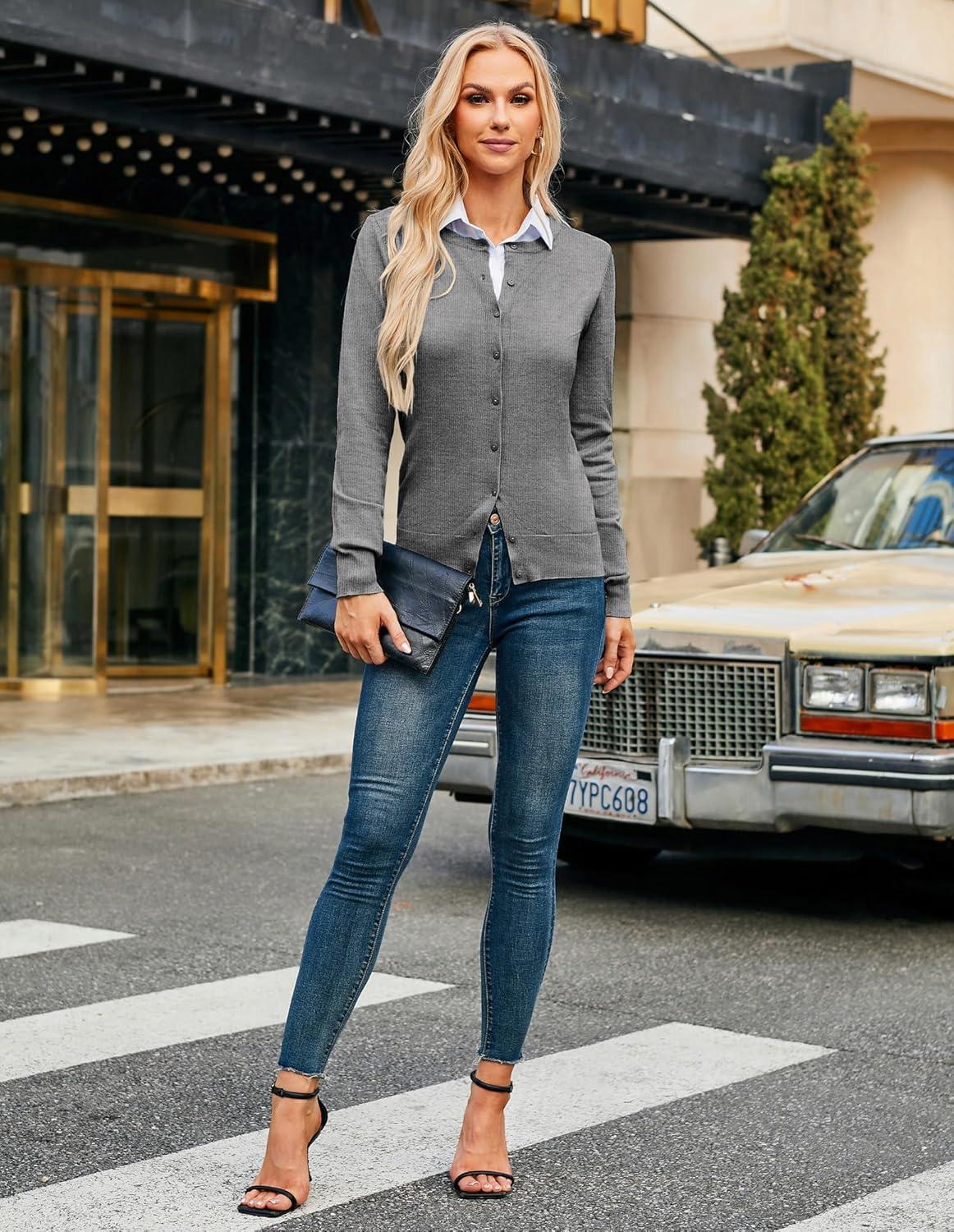 imageGRACE KARIN Womens Long Sleeve Button Down Crew Neck Classic Sweater Knit CardiganHeather Grey