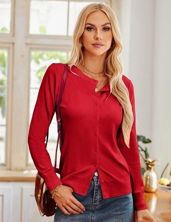 imageGRACE KARIN Womens Long Sleeve Button Down Crew Neck Classic Sweater Knit CardiganRed