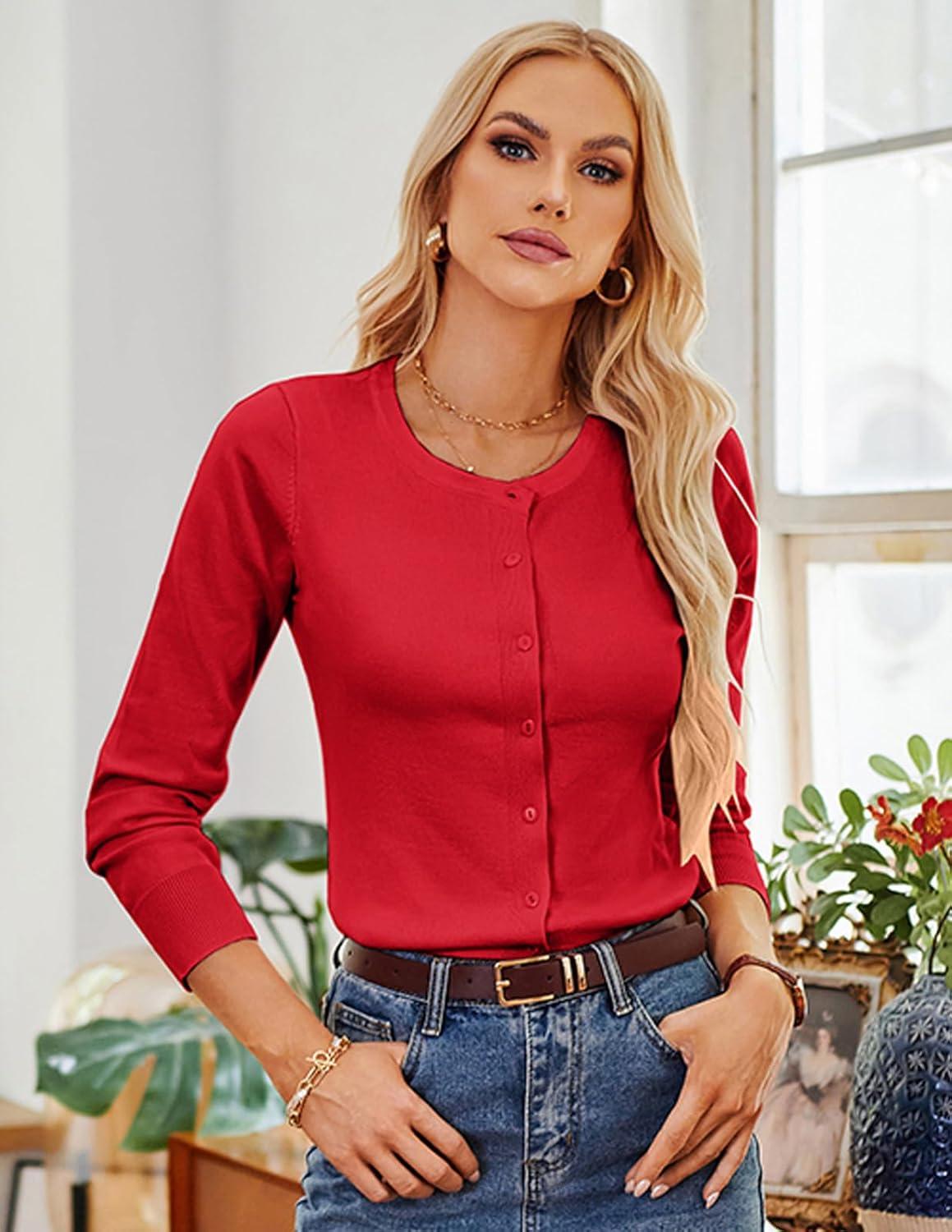 imageGRACE KARIN Womens Long Sleeve Button Down Crew Neck Classic Sweater Knit CardiganRed