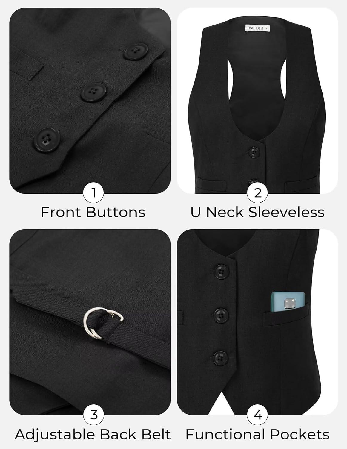 imageGRACE KARIN Womens Suit Vest Top Dressy Casual Sleeveless Button Wasitcoat Fromal Steampunk Blazer For Work OfficeBlack