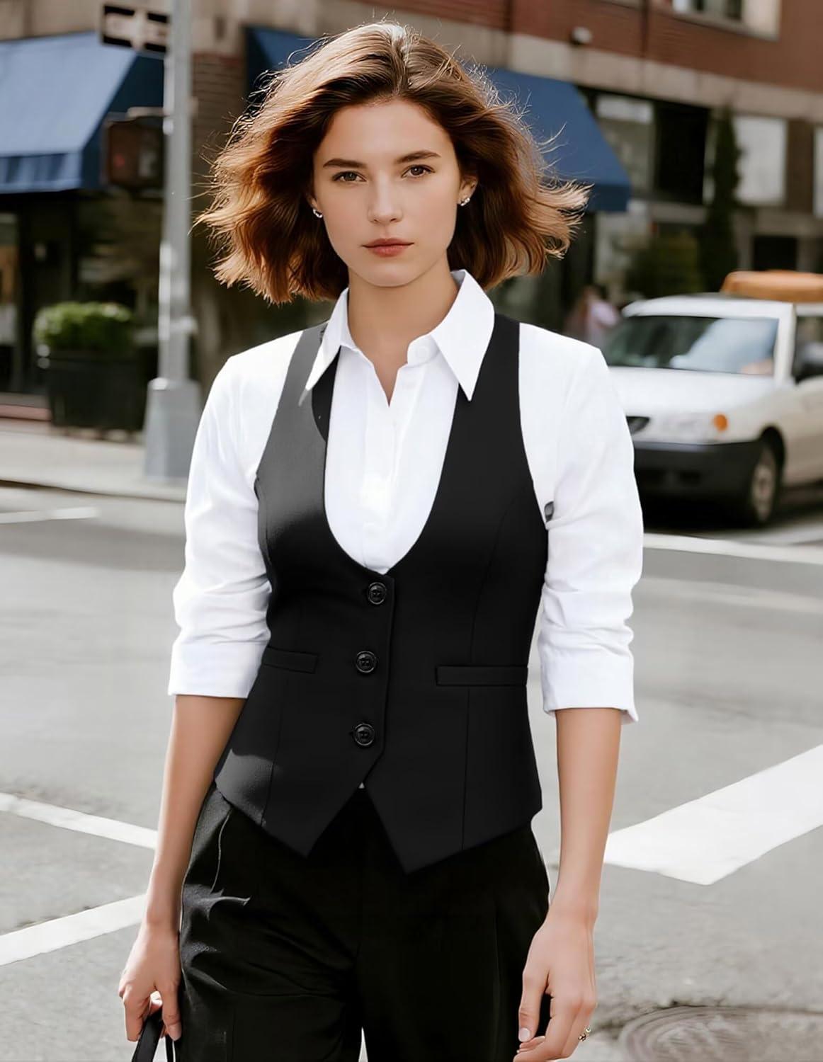 imageGRACE KARIN Womens Suit Vest Top Dressy Casual Sleeveless Button Wasitcoat Fromal Steampunk Blazer For Work OfficeBlack