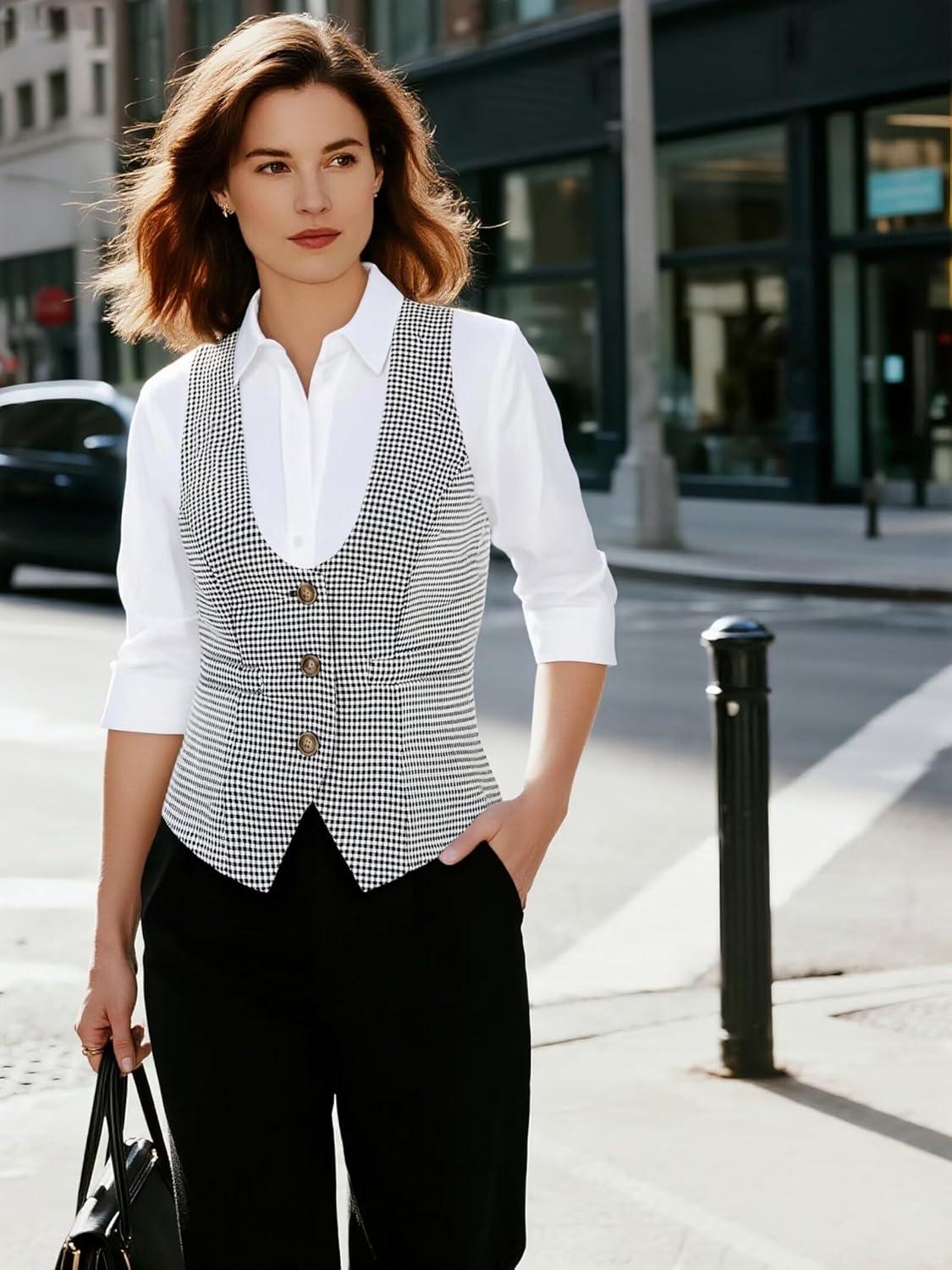 imageGRACE KARIN Womens Suit Vest Top Dressy Casual Sleeveless Button Wasitcoat Fromal Steampunk Blazer For Work OfficeBlack Plaid