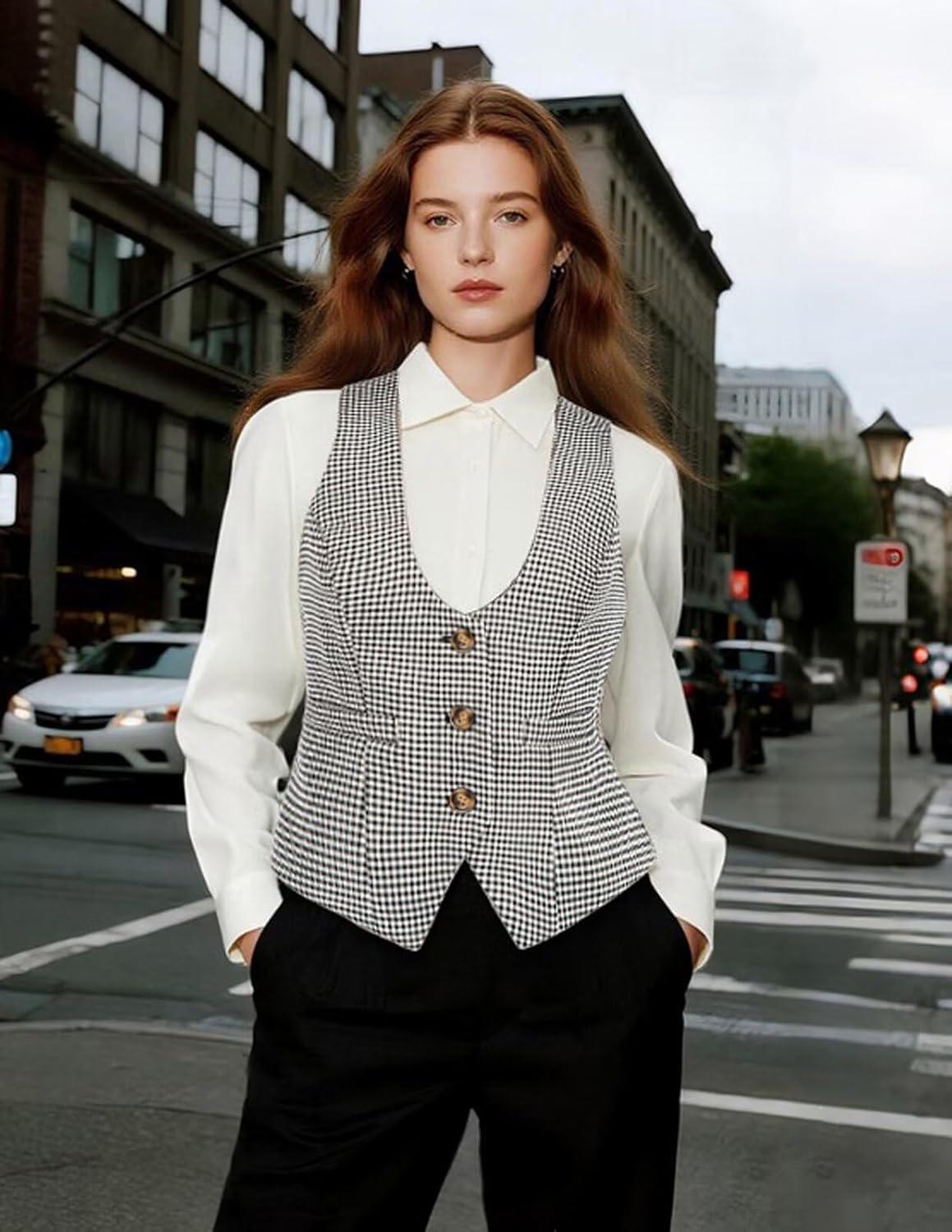 imageGRACE KARIN Womens Suit Vest Top Dressy Casual Sleeveless Button Wasitcoat Fromal Steampunk Blazer For Work OfficeBlack Plaid