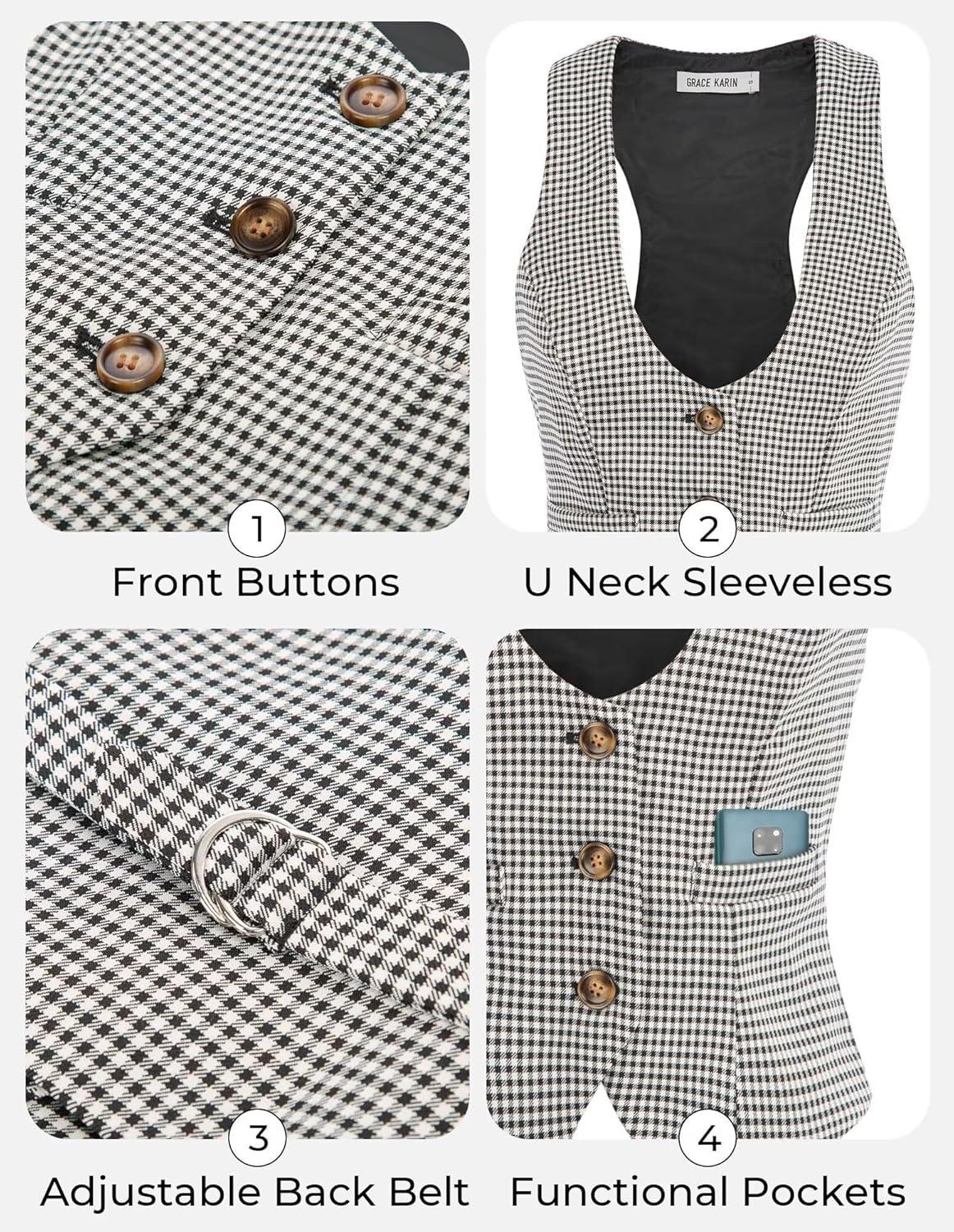 imageGRACE KARIN Womens Suit Vest Top Dressy Casual Sleeveless Button Wasitcoat Fromal Steampunk Blazer For Work OfficeBlack Plaid