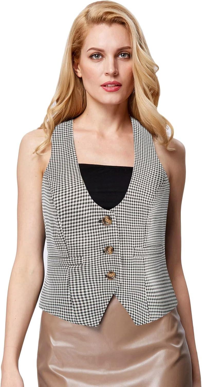 imageGRACE KARIN Womens Suit Vest Top Dressy Casual Sleeveless Button Wasitcoat Fromal Steampunk Blazer For Work OfficeBlack Plaid