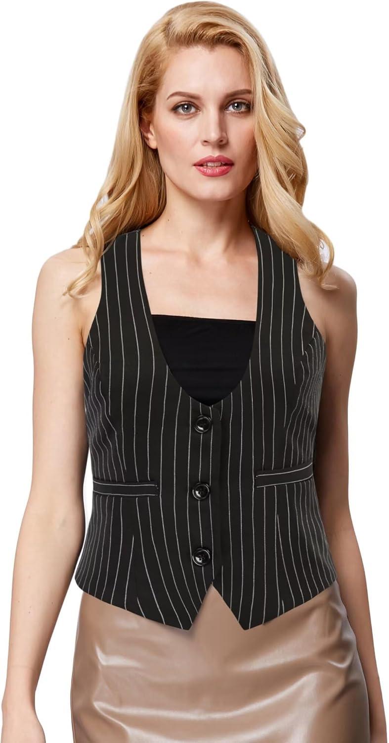 imageGRACE KARIN Womens Suit Vest Top Dressy Casual Sleeveless Button Wasitcoat Fromal Steampunk Blazer For Work OfficeBlack Stripes