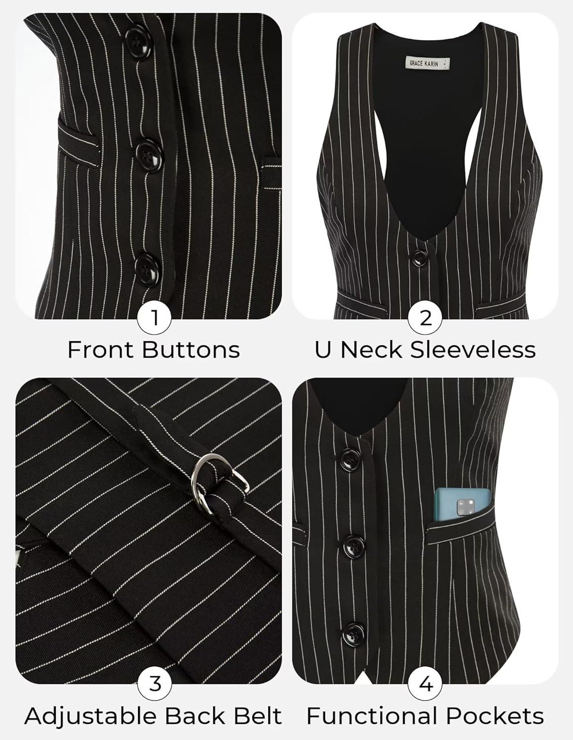 imageGRACE KARIN Womens Suit Vest Top Dressy Casual Sleeveless Button Wasitcoat Fromal Steampunk Blazer For Work OfficeBlack Stripes