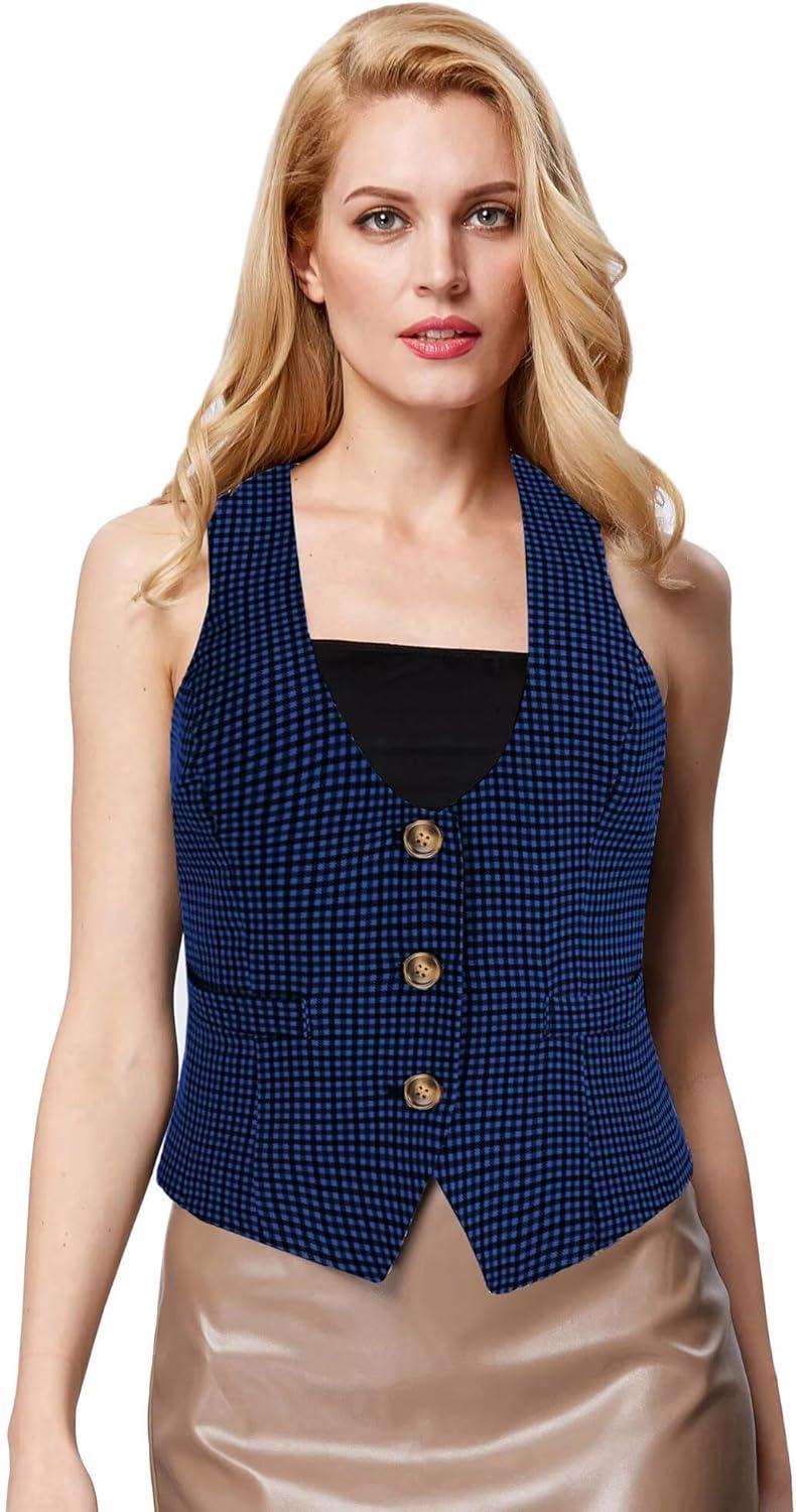 imageGRACE KARIN Womens Suit Vest Top Dressy Casual Sleeveless Button Wasitcoat Fromal Steampunk Blazer For Work OfficeBlue Plaid