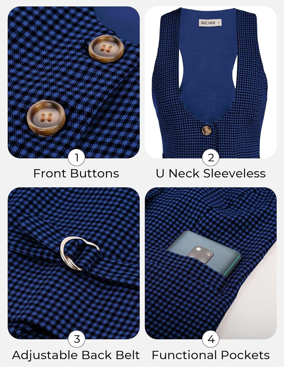 imageGRACE KARIN Womens Suit Vest Top Dressy Casual Sleeveless Button Wasitcoat Fromal Steampunk Blazer For Work OfficeBlue Plaid