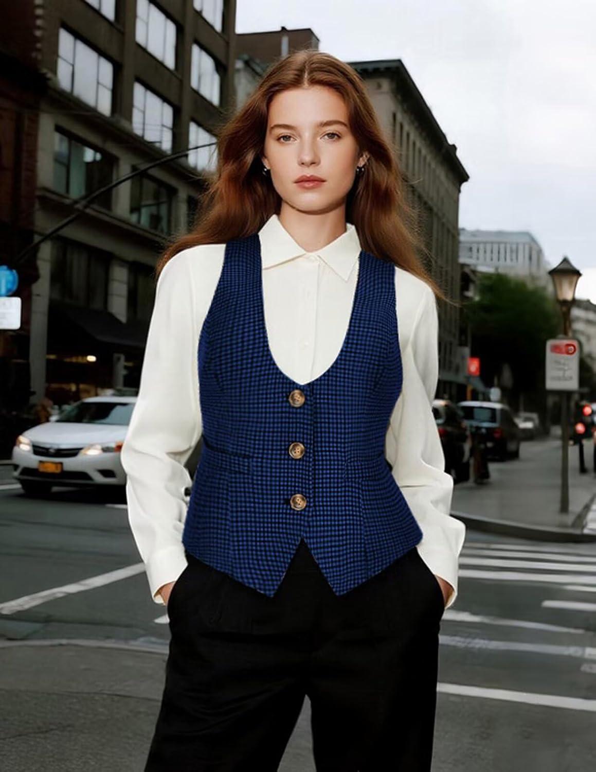 imageGRACE KARIN Womens Suit Vest Top Dressy Casual Sleeveless Button Wasitcoat Fromal Steampunk Blazer For Work OfficeBlue Plaid