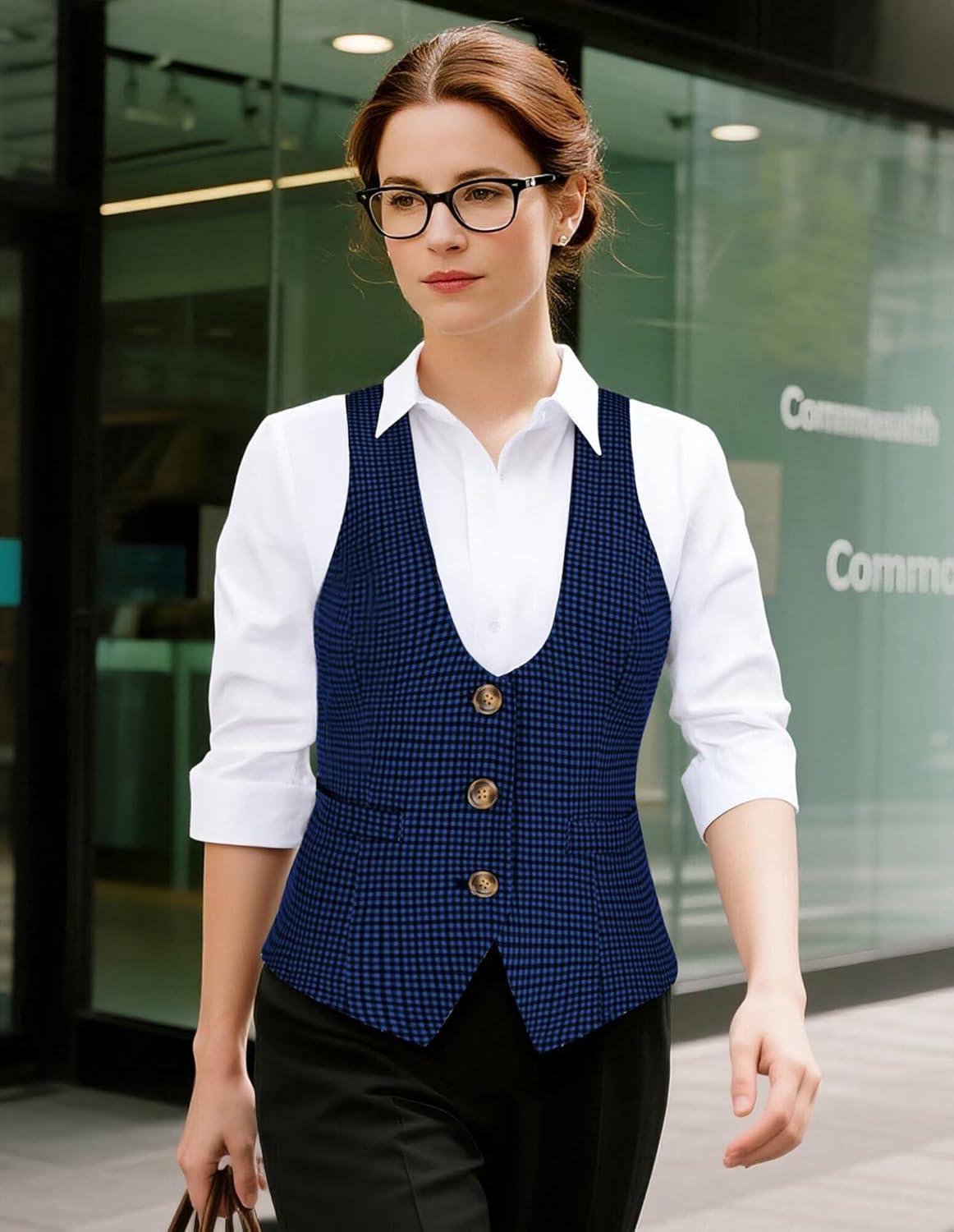 imageGRACE KARIN Womens Suit Vest Top Dressy Casual Sleeveless Button Wasitcoat Fromal Steampunk Blazer For Work OfficeBlue Plaid
