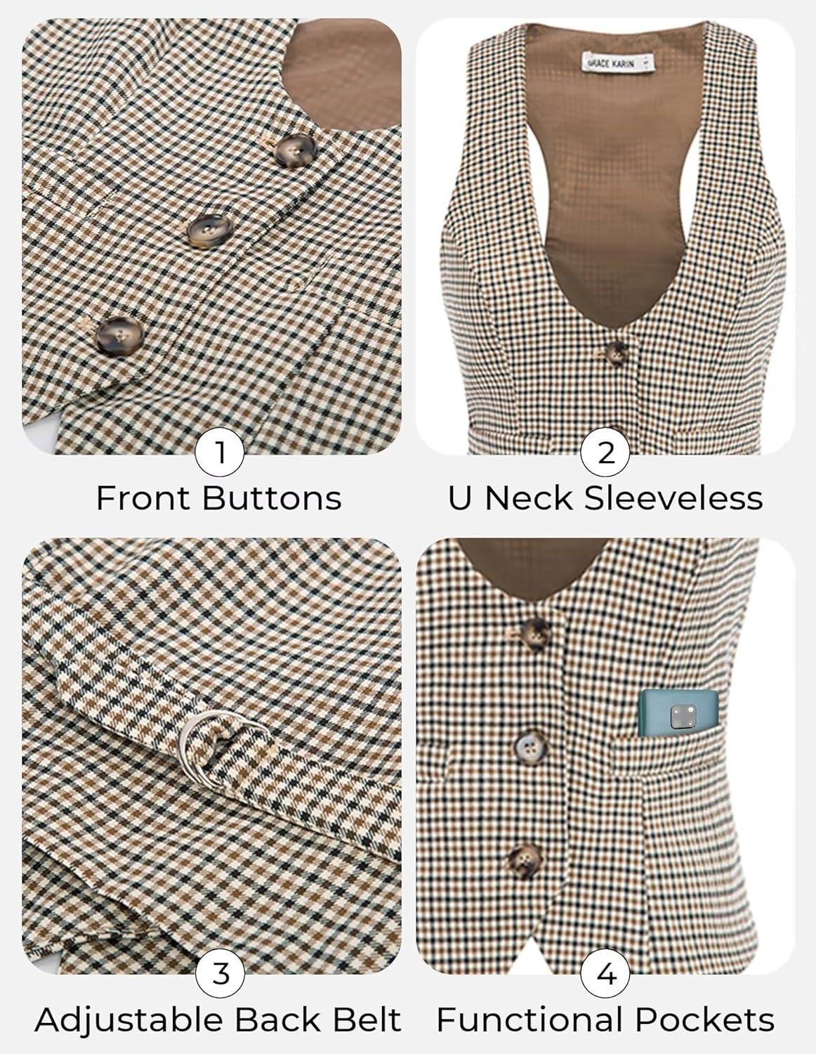 imageGRACE KARIN Womens Suit Vest Top Dressy Casual Sleeveless Button Wasitcoat Fromal Steampunk Blazer For Work OfficeBrown Plaid