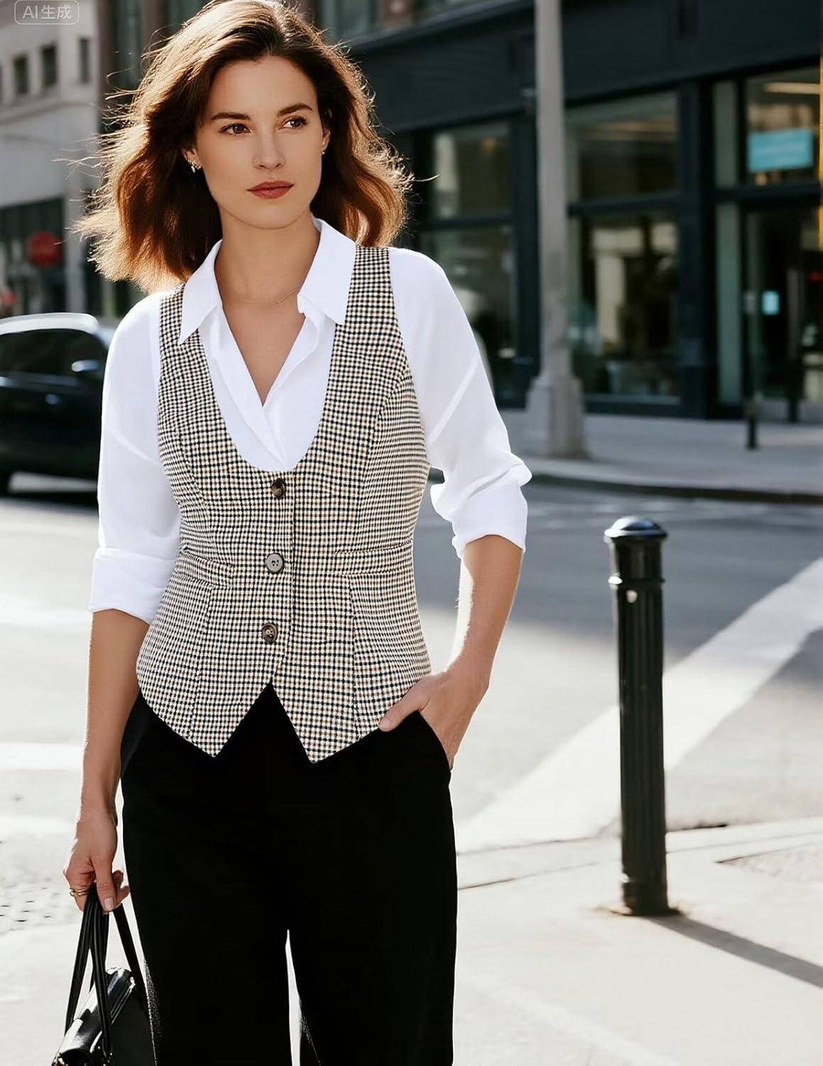 imageGRACE KARIN Womens Suit Vest Top Dressy Casual Sleeveless Button Wasitcoat Fromal Steampunk Blazer For Work OfficeBrown Plaid
