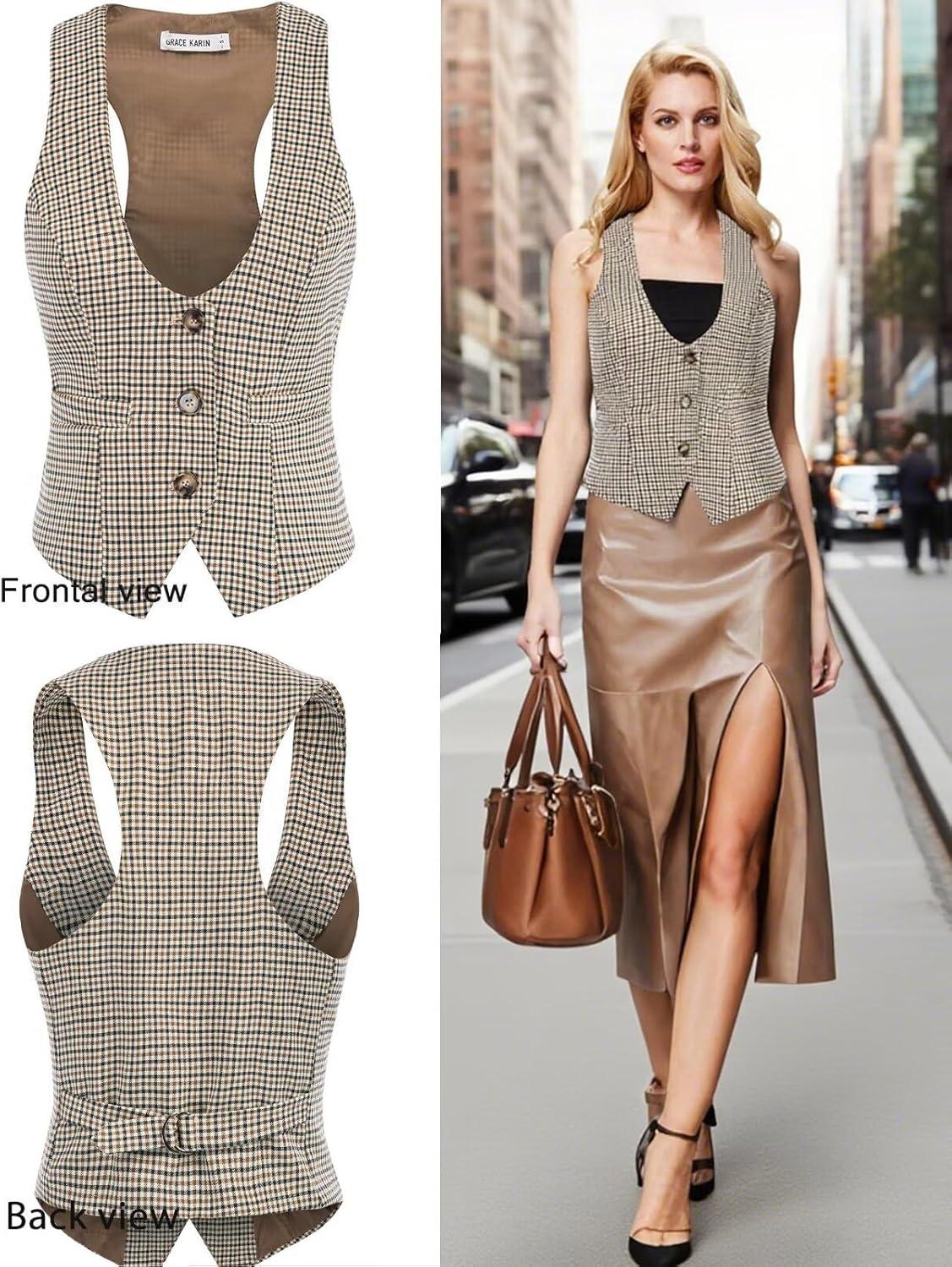 imageGRACE KARIN Womens Suit Vest Top Dressy Casual Sleeveless Button Wasitcoat Fromal Steampunk Blazer For Work OfficeBrown Plaid