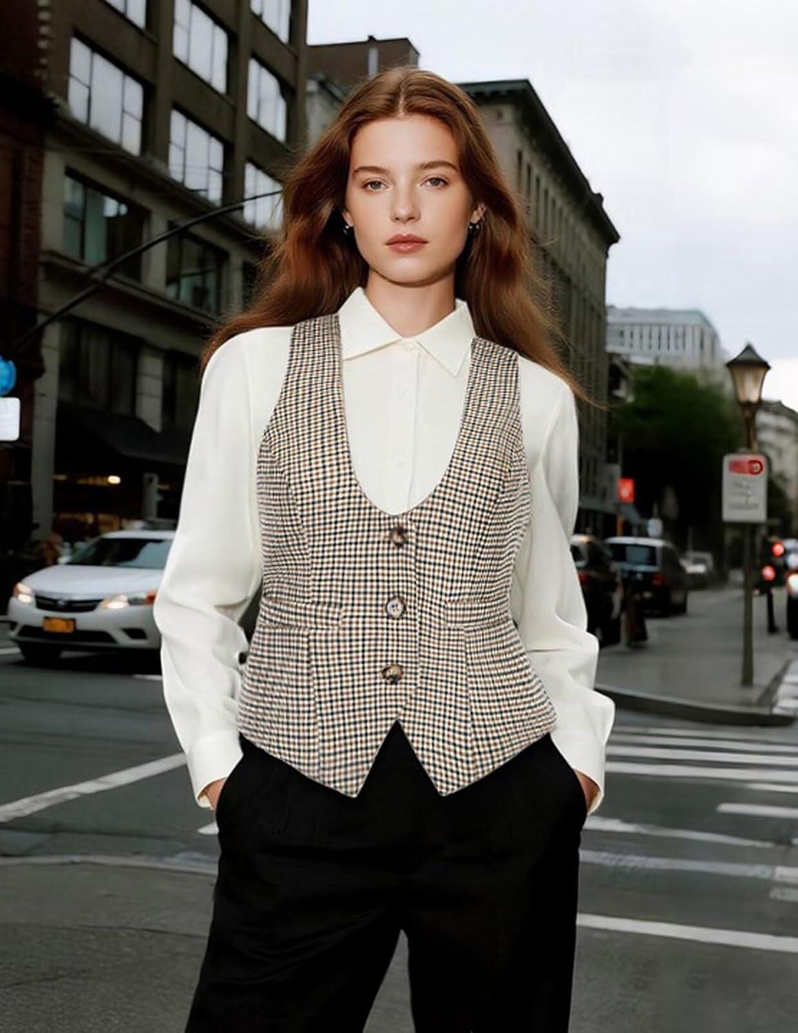 imageGRACE KARIN Womens Suit Vest Top Dressy Casual Sleeveless Button Wasitcoat Fromal Steampunk Blazer For Work OfficeBrown Plaid