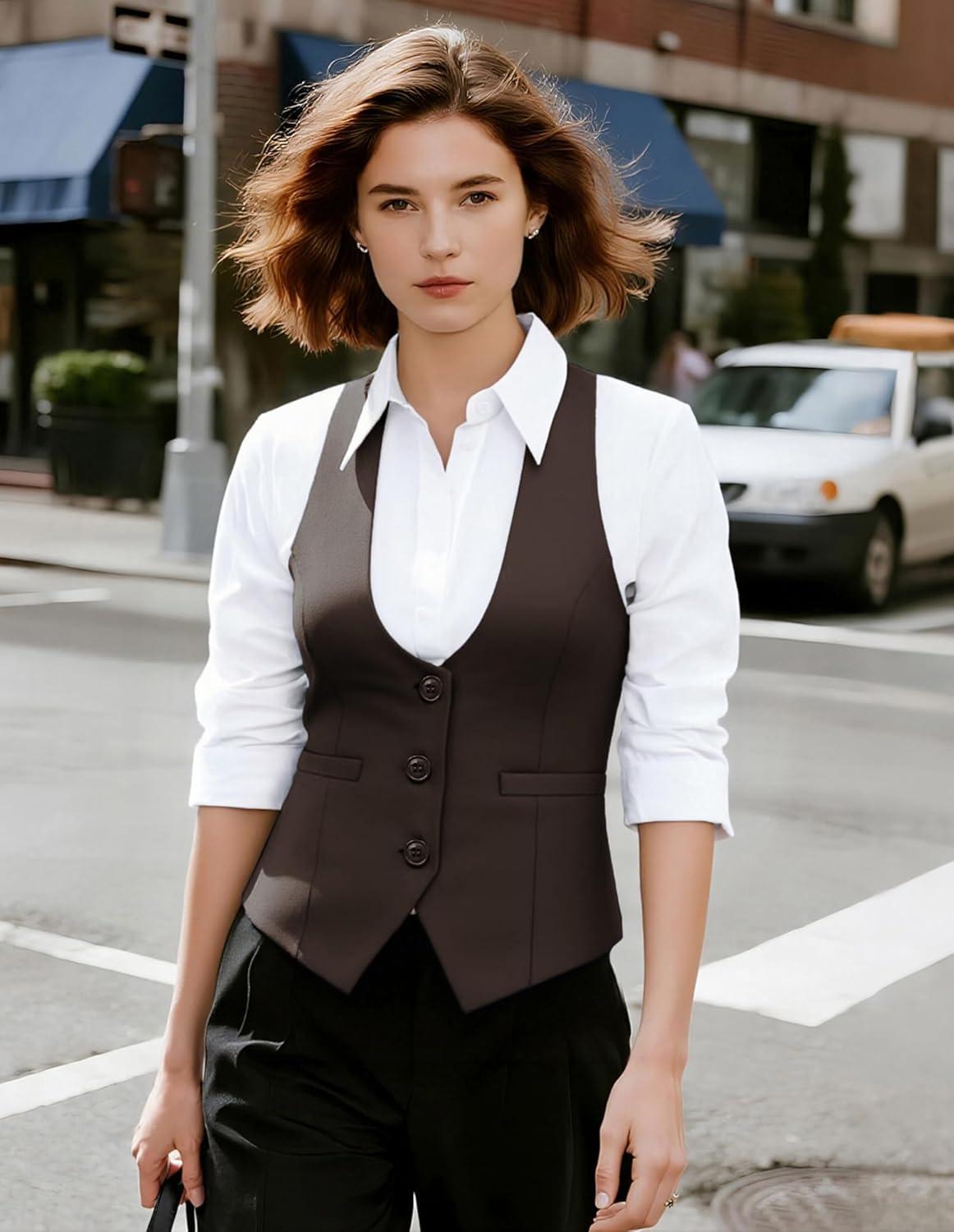 imageGRACE KARIN Womens Suit Vest Top Dressy Casual Sleeveless Button Wasitcoat Fromal Steampunk Blazer For Work OfficeChocolate Brown