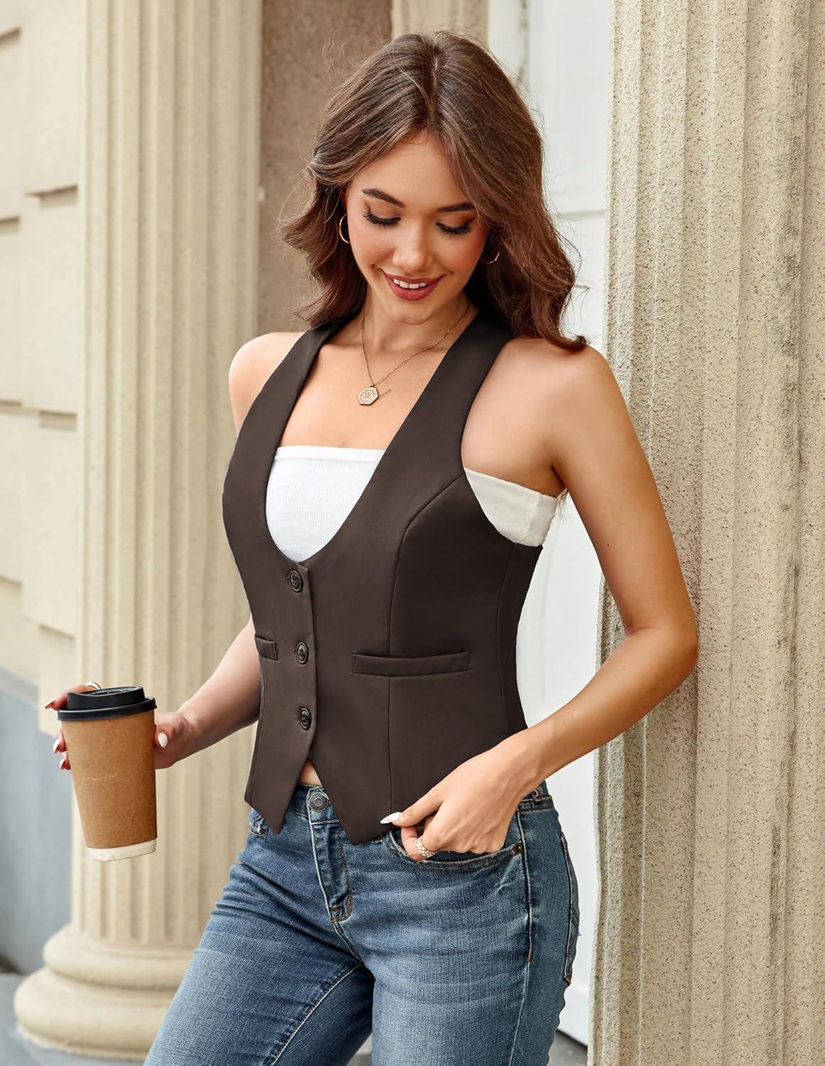 imageGRACE KARIN Womens Suit Vest Top Dressy Casual Sleeveless Button Wasitcoat Fromal Steampunk Blazer For Work OfficeChocolate Brown