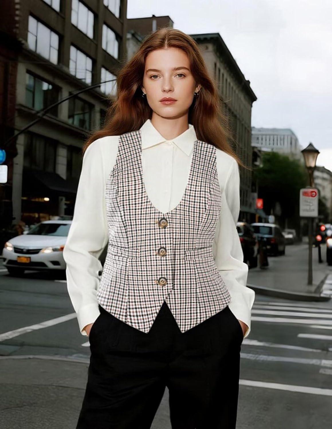 imageGRACE KARIN Womens Suit Vest Top Dressy Casual Sleeveless Button Wasitcoat Fromal Steampunk Blazer For Work OfficeCoffee White