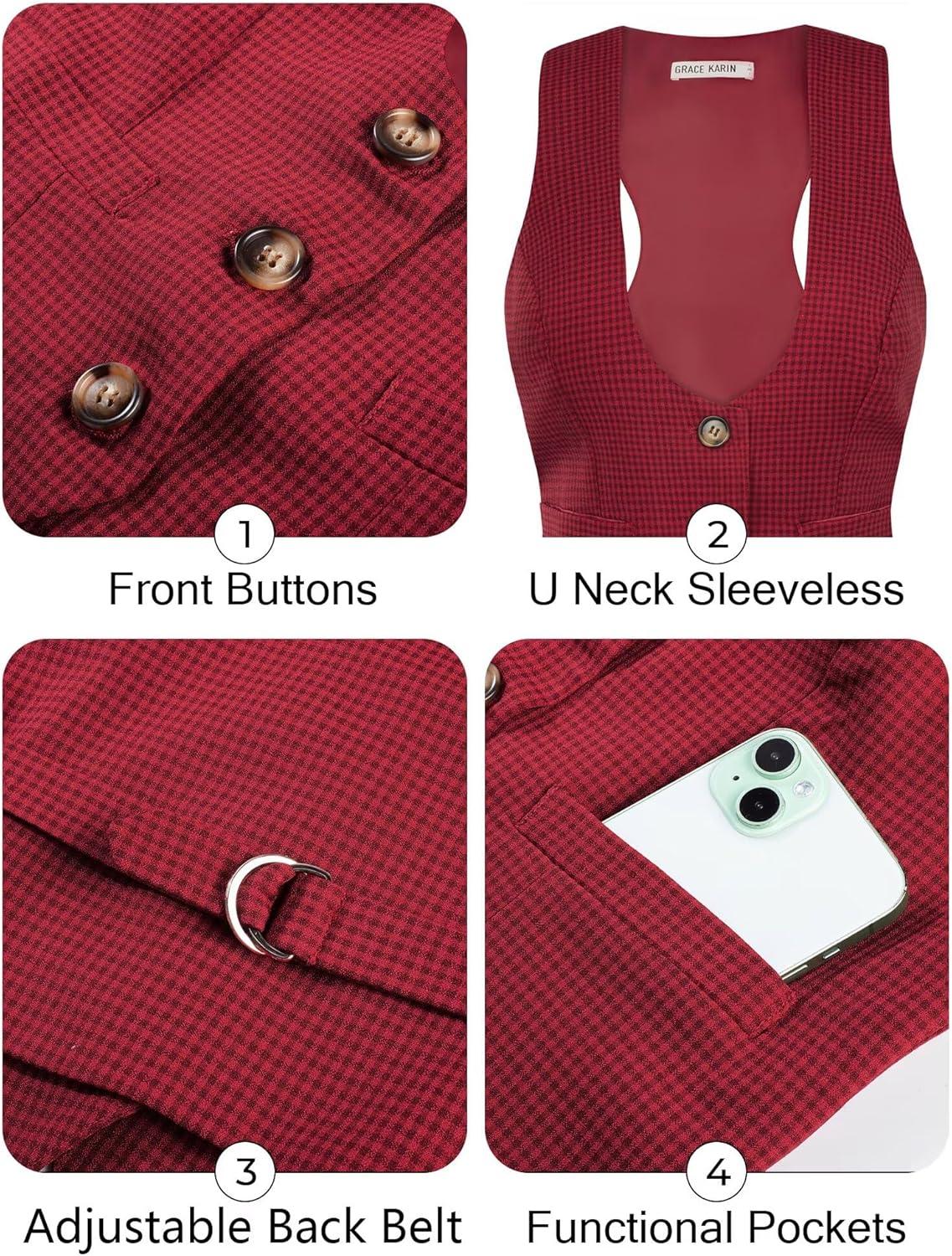 imageGRACE KARIN Womens Suit Vest Top Dressy Casual Sleeveless Button Wasitcoat Fromal Steampunk Blazer For Work OfficeDeep Red