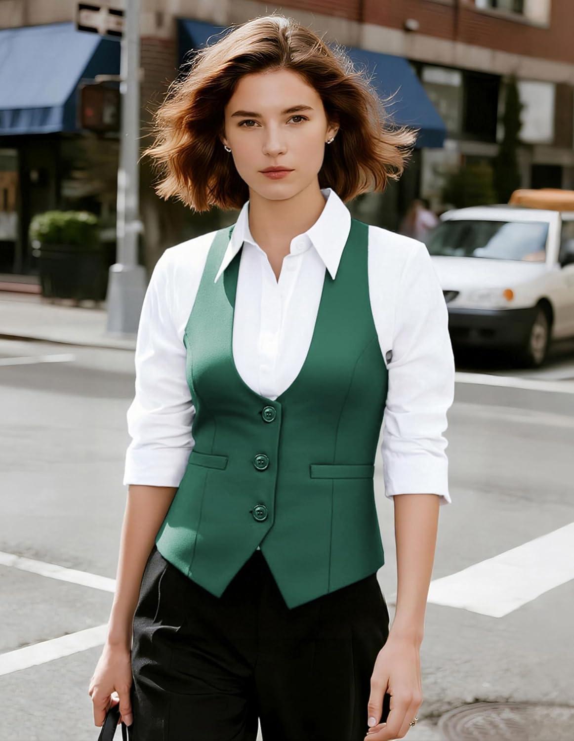 imageGRACE KARIN Womens Suit Vest Top Dressy Casual Sleeveless Button Wasitcoat Fromal Steampunk Blazer For Work OfficeForest Green