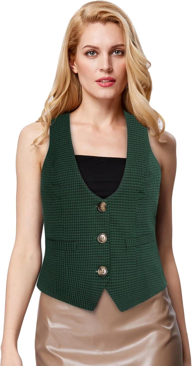 imageGRACE KARIN Womens Suit Vest Top Dressy Casual Sleeveless Button Wasitcoat Fromal Steampunk Blazer For Work OfficeGreen Plaid