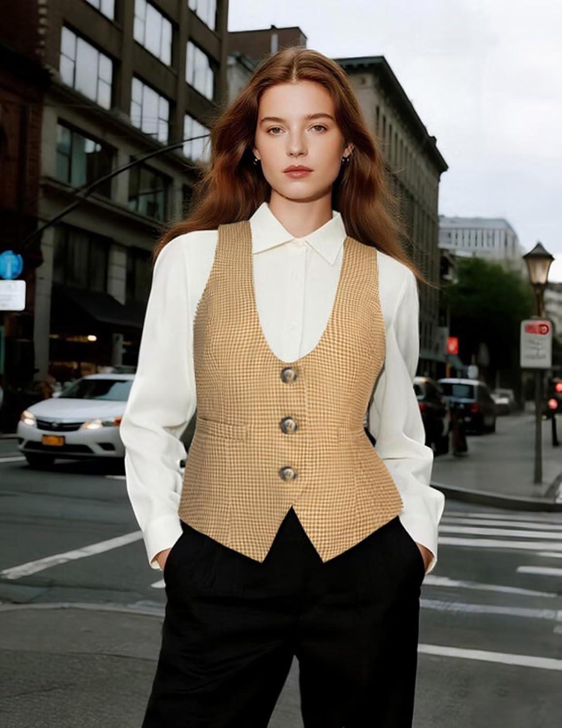 imageGRACE KARIN Womens Suit Vest Top Dressy Casual Sleeveless Button Wasitcoat Fromal Steampunk Blazer For Work OfficeKhaki Plaid