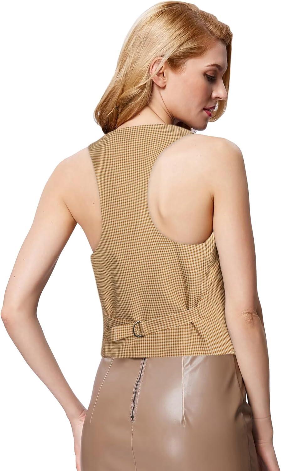 imageGRACE KARIN Womens Suit Vest Top Dressy Casual Sleeveless Button Wasitcoat Fromal Steampunk Blazer For Work OfficeKhaki Plaid