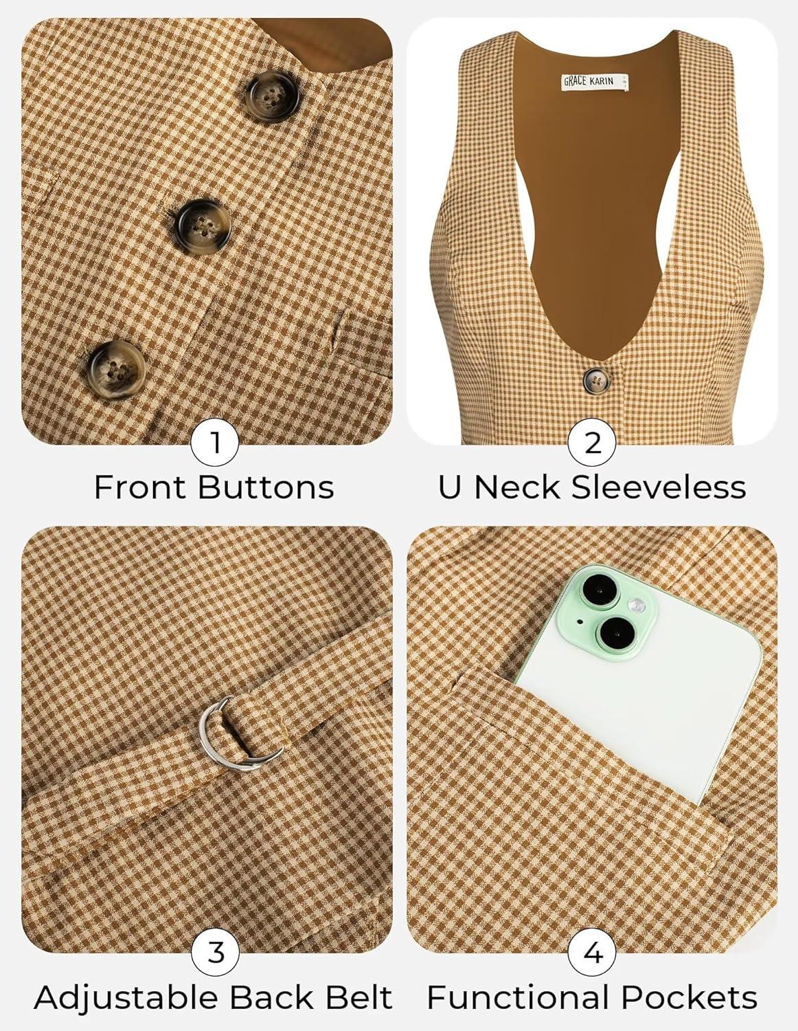 imageGRACE KARIN Womens Suit Vest Top Dressy Casual Sleeveless Button Wasitcoat Fromal Steampunk Blazer For Work OfficeKhaki Plaid