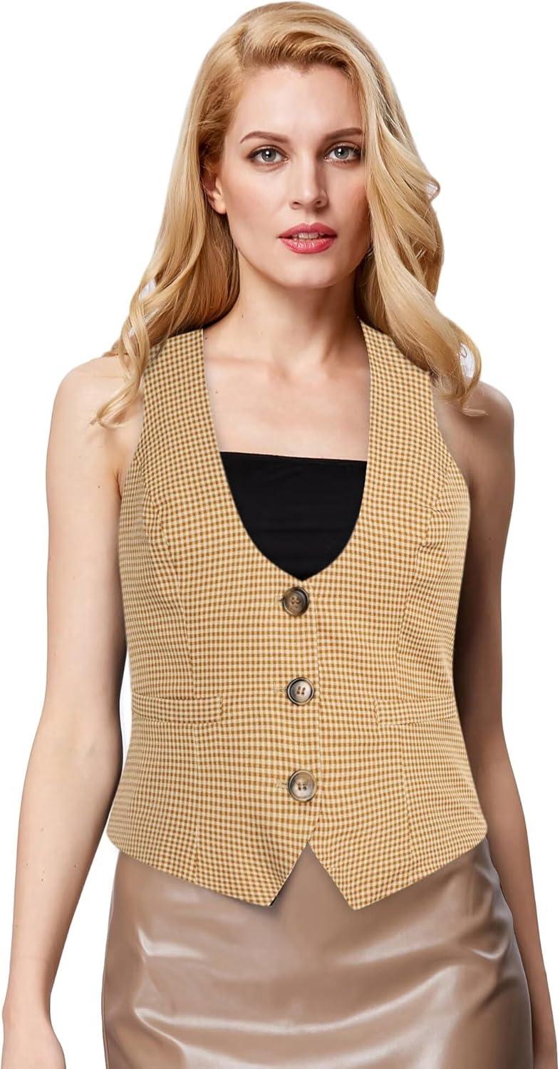 imageGRACE KARIN Womens Suit Vest Top Dressy Casual Sleeveless Button Wasitcoat Fromal Steampunk Blazer For Work OfficeKhaki Plaid