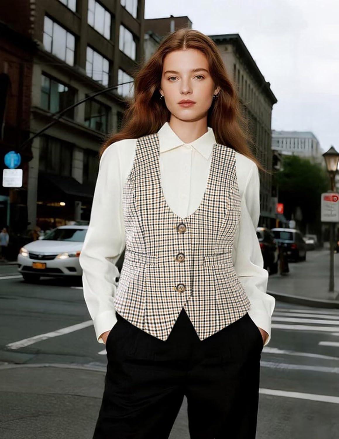 imageGRACE KARIN Womens Suit Vest Top Dressy Casual Sleeveless Button Wasitcoat Fromal Steampunk Blazer For Work OfficeKhaki White