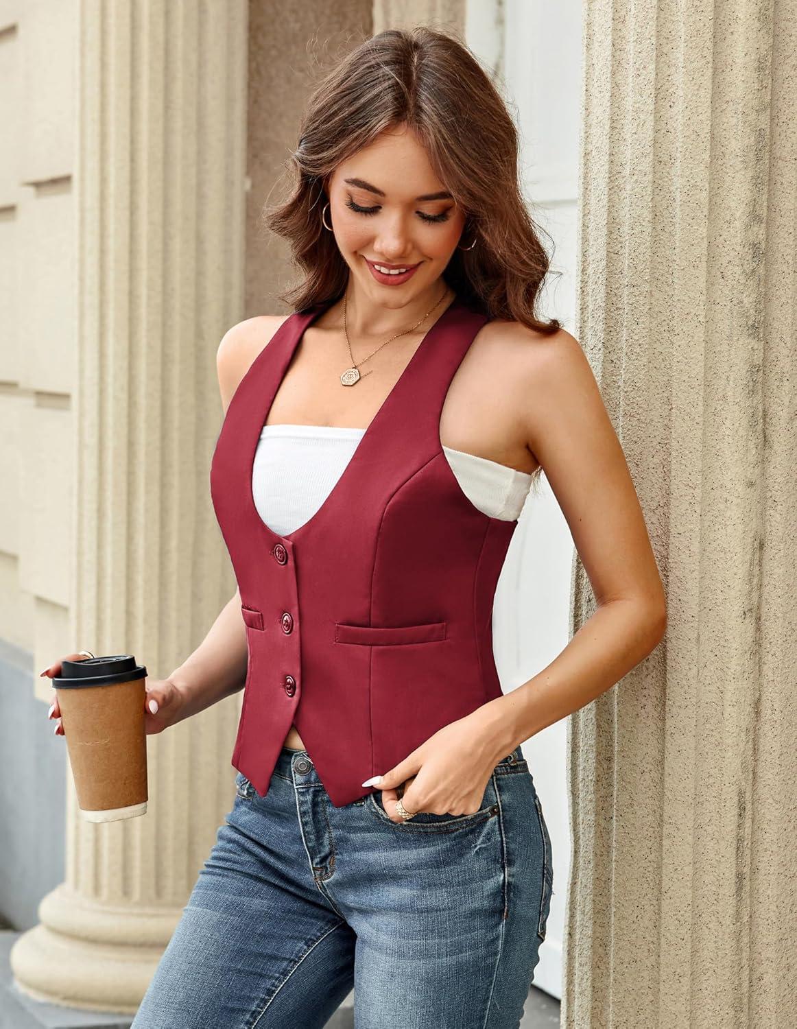 imageGRACE KARIN Womens Suit Vest Top Dressy Casual Sleeveless Button Wasitcoat Fromal Steampunk Blazer For Work OfficeMaroon