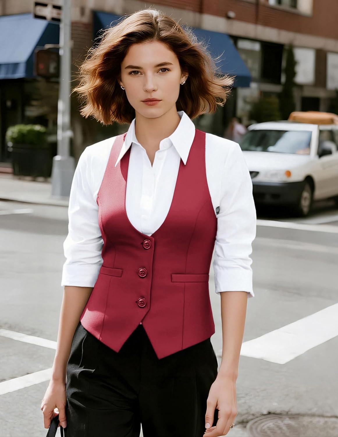 imageGRACE KARIN Womens Suit Vest Top Dressy Casual Sleeveless Button Wasitcoat Fromal Steampunk Blazer For Work OfficeMaroon