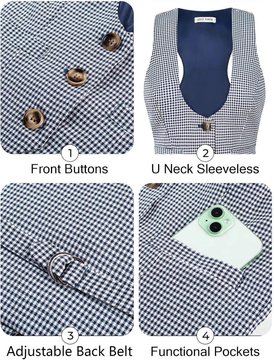 imageGRACE KARIN Womens Suit Vest Top Dressy Casual Sleeveless Button Wasitcoat Fromal Steampunk Blazer For Work OfficeNavy White
