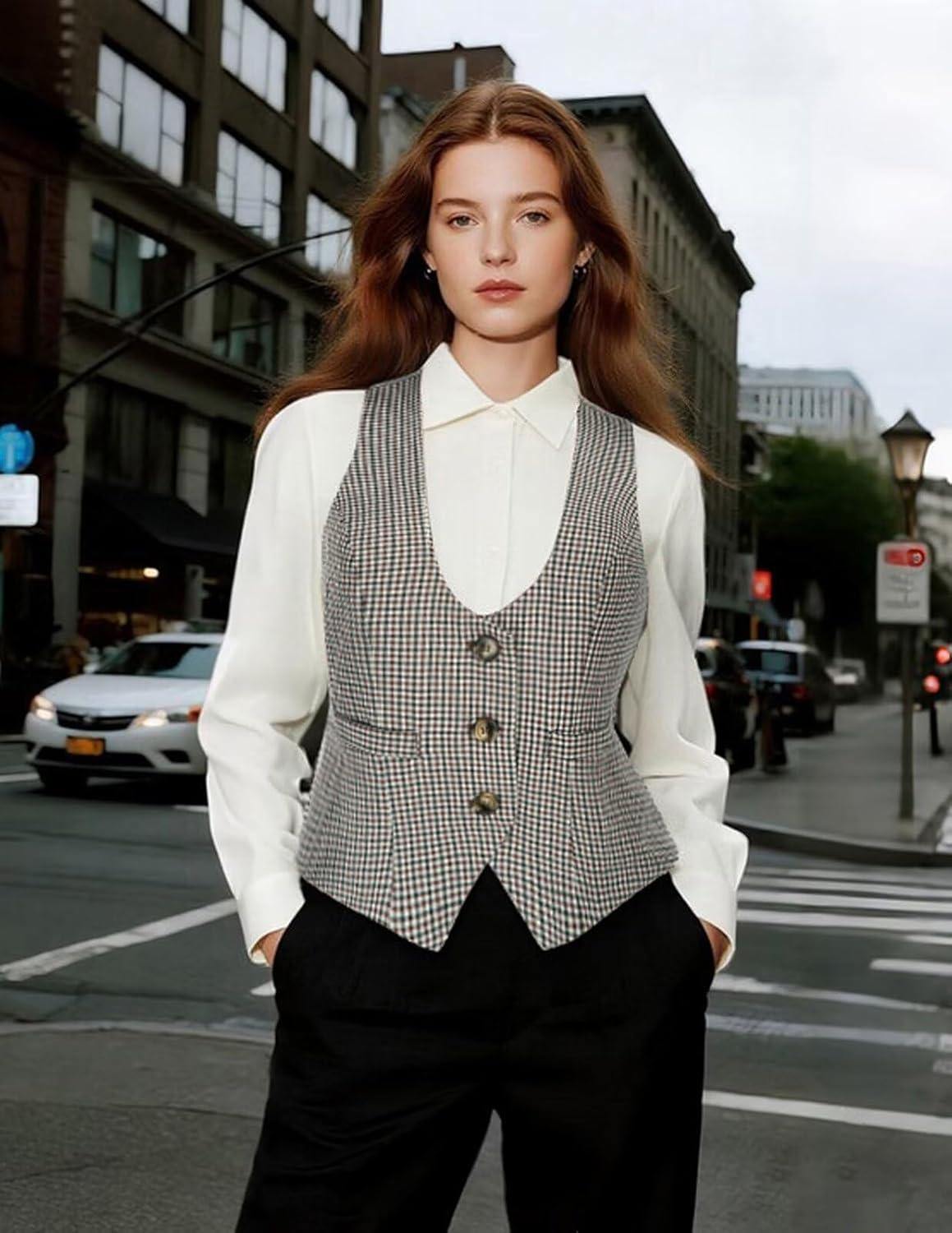 imageGRACE KARIN Womens Suit Vest Top Dressy Casual Sleeveless Button Wasitcoat Fromal Steampunk Blazer For Work OfficePlaid Coffee