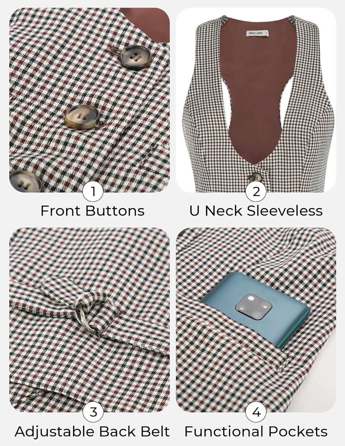 imageGRACE KARIN Womens Suit Vest Top Dressy Casual Sleeveless Button Wasitcoat Fromal Steampunk Blazer For Work OfficePlaid Coffee