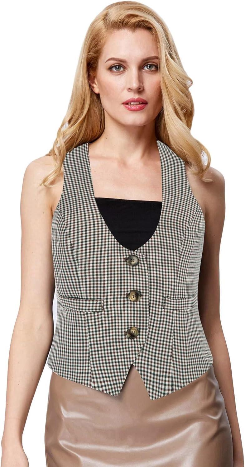 imageGRACE KARIN Womens Suit Vest Top Dressy Casual Sleeveless Button Wasitcoat Fromal Steampunk Blazer For Work OfficePlaid Coffee