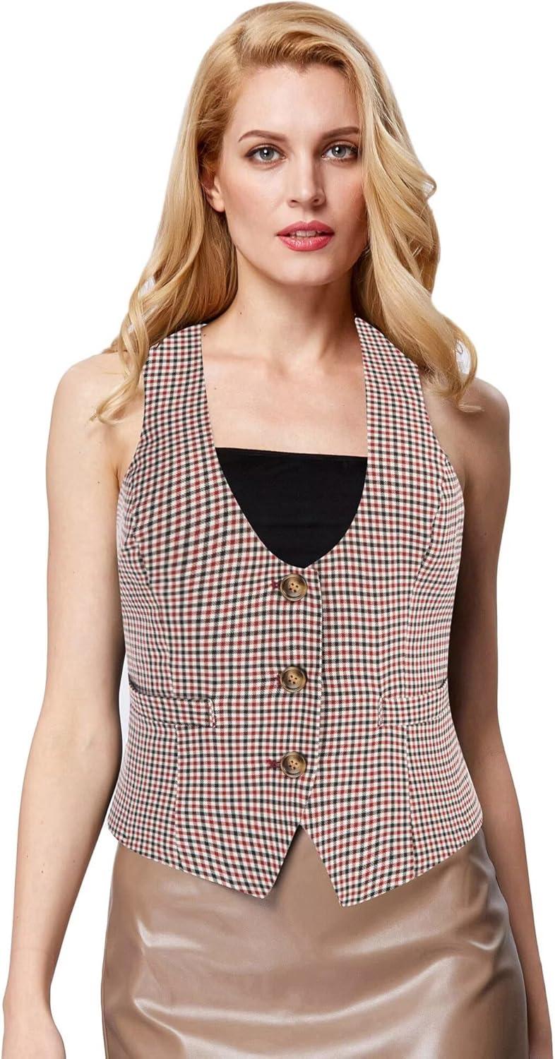 imageGRACE KARIN Womens Suit Vest Top Dressy Casual Sleeveless Button Wasitcoat Fromal Steampunk Blazer For Work OfficePlaid Red