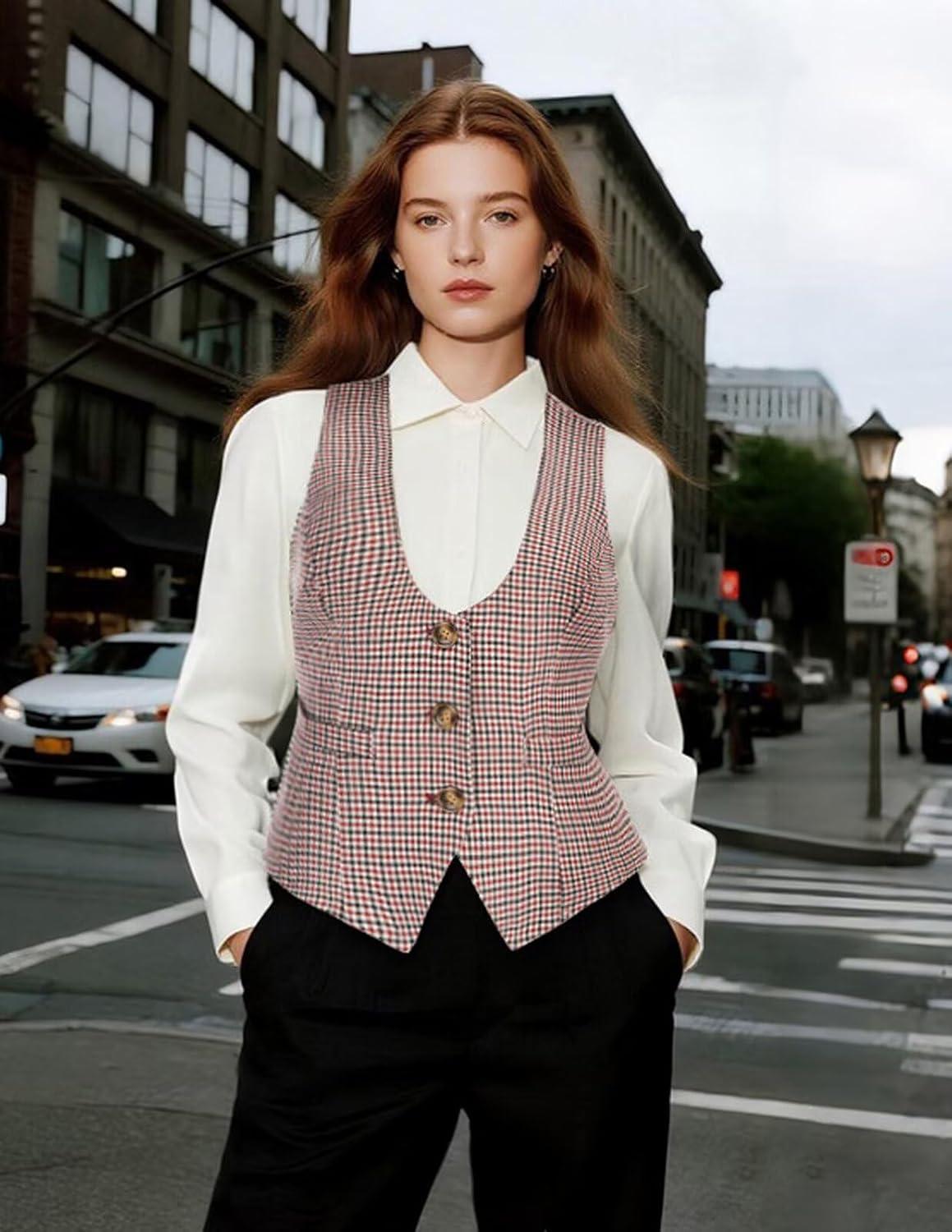 imageGRACE KARIN Womens Suit Vest Top Dressy Casual Sleeveless Button Wasitcoat Fromal Steampunk Blazer For Work OfficePlaid Red
