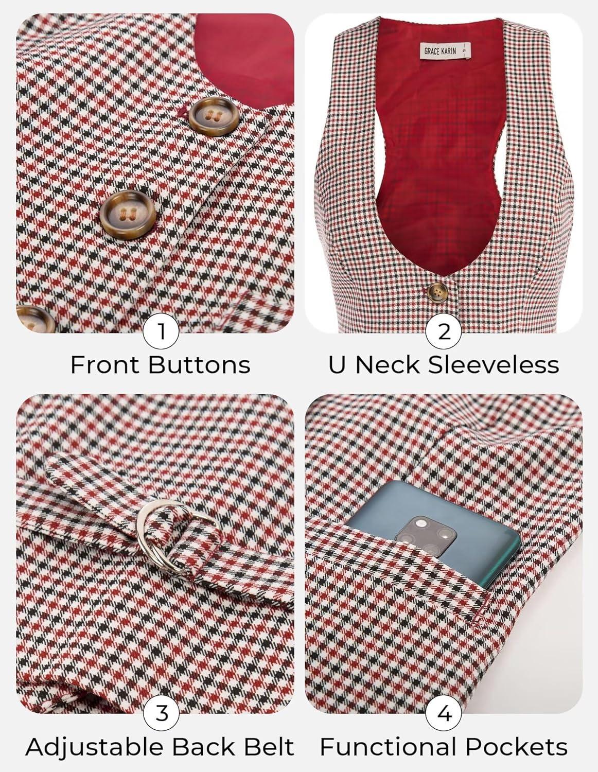 imageGRACE KARIN Womens Suit Vest Top Dressy Casual Sleeveless Button Wasitcoat Fromal Steampunk Blazer For Work OfficePlaid Red