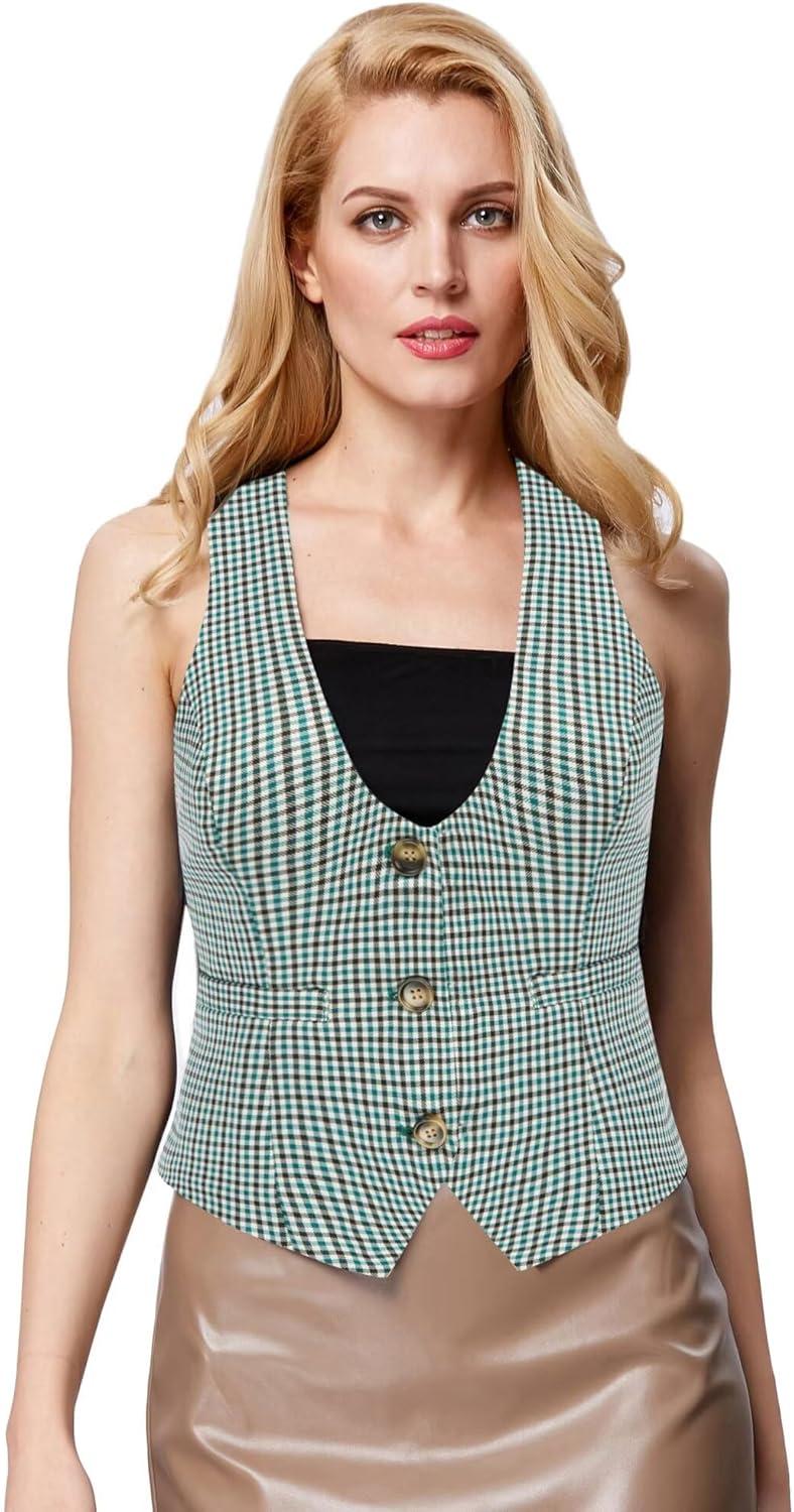 imageGRACE KARIN Womens Suit Vest Top Dressy Casual Sleeveless Button Wasitcoat Fromal Steampunk Blazer For Work OfficePlaid Teal