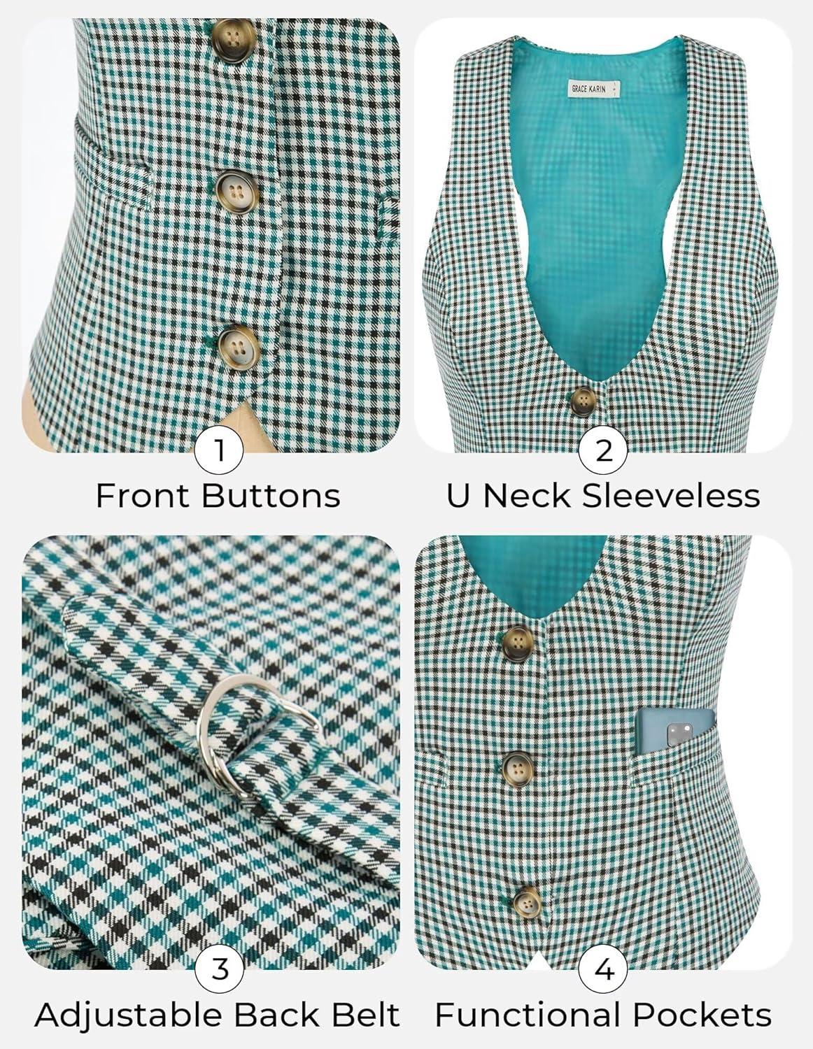 imageGRACE KARIN Womens Suit Vest Top Dressy Casual Sleeveless Button Wasitcoat Fromal Steampunk Blazer For Work OfficePlaid Teal
