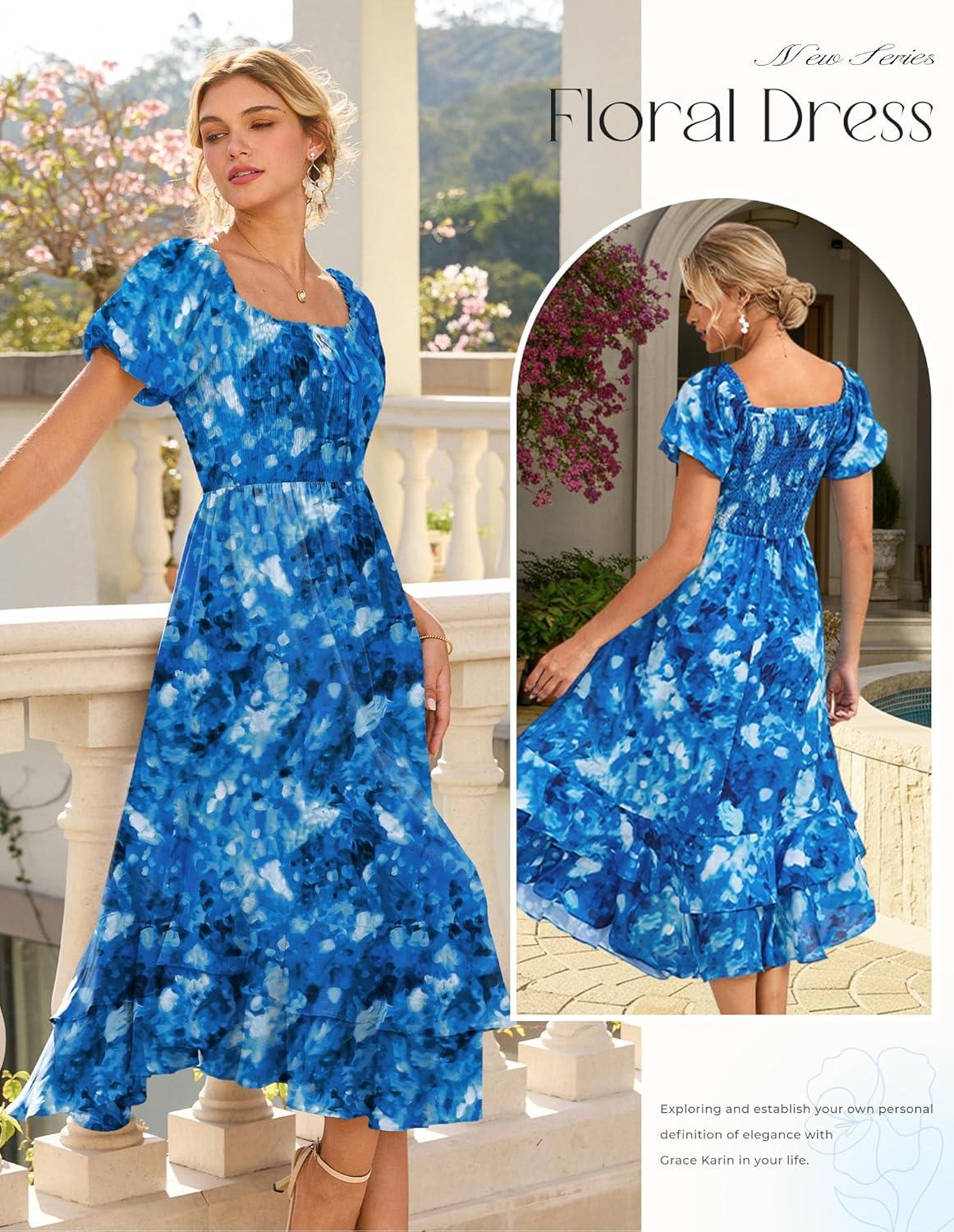 imageGRACE KARIN Womens Summer Dresses 2026 Puff Short Sleeve Floral Wedding Guest Dress Smocked Tiered Maxi Dress with PocketsBlue Floral