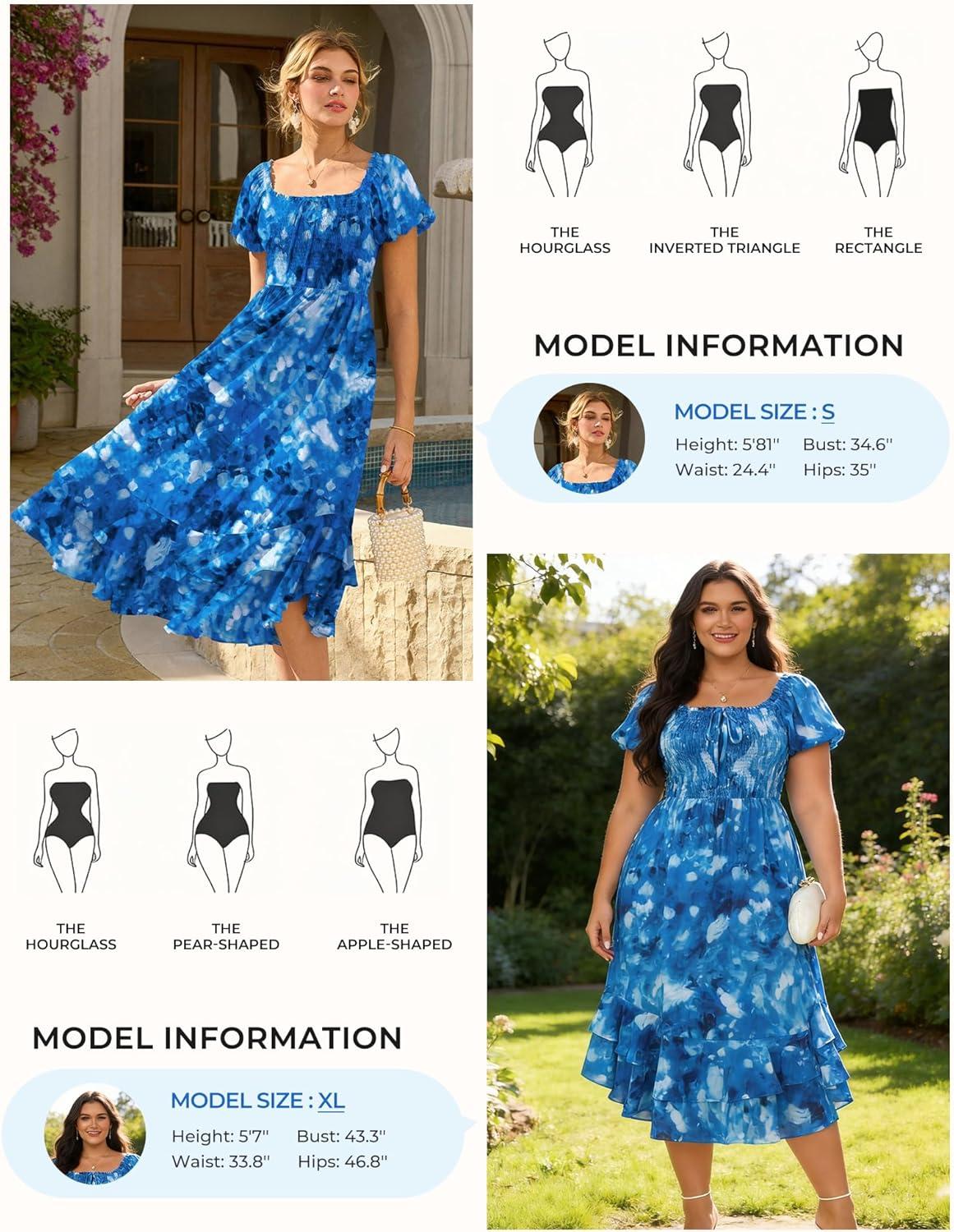 imageGRACE KARIN Womens Summer Dresses 2026 Puff Short Sleeve Floral Wedding Guest Dress Smocked Tiered Maxi Dress with PocketsBlue Floral